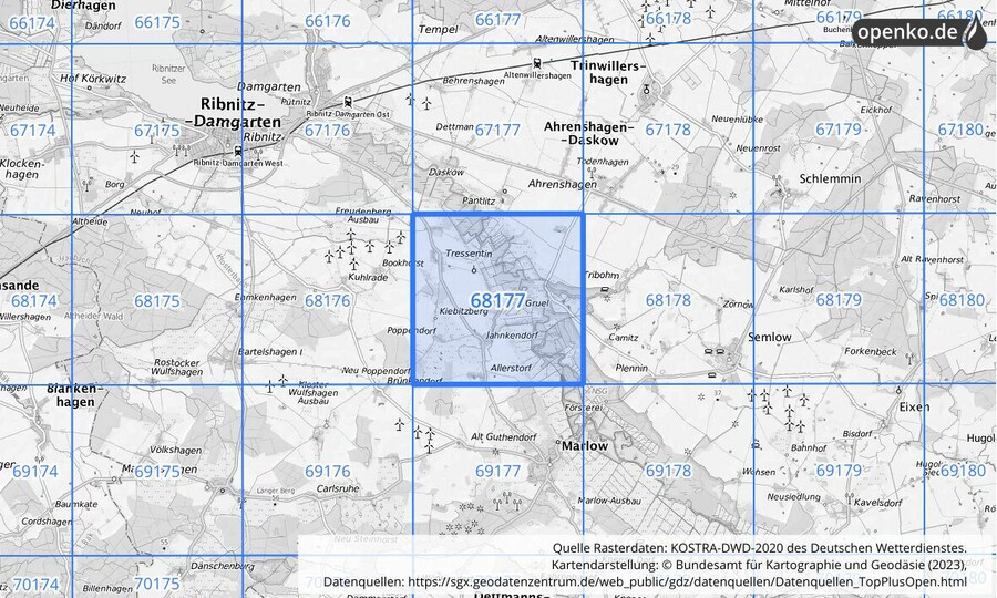 Übersichtskarte des KOSTRA-DWD-2020-Rasterfeldes Nr. 68177
