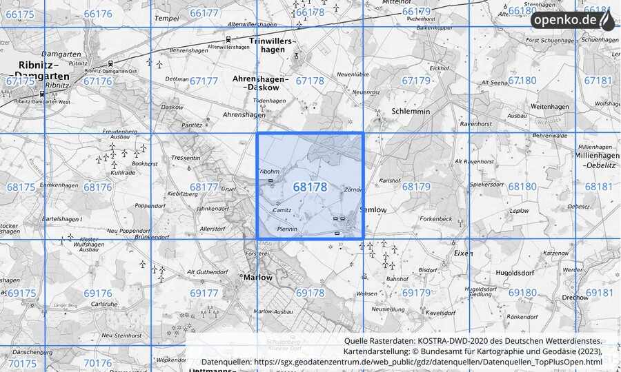 Übersichtskarte des KOSTRA-DWD-2020-Rasterfeldes Nr. 68178