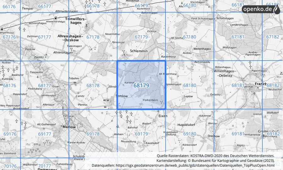 Übersichtskarte des KOSTRA-DWD-2020-Rasterfeldes Nr. 68179