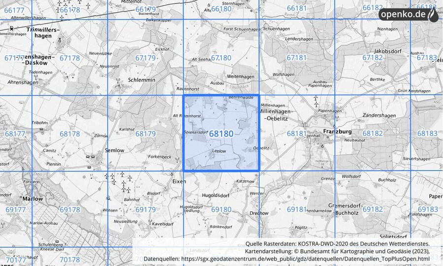 Übersichtskarte des KOSTRA-DWD-2020-Rasterfeldes Nr. 68180