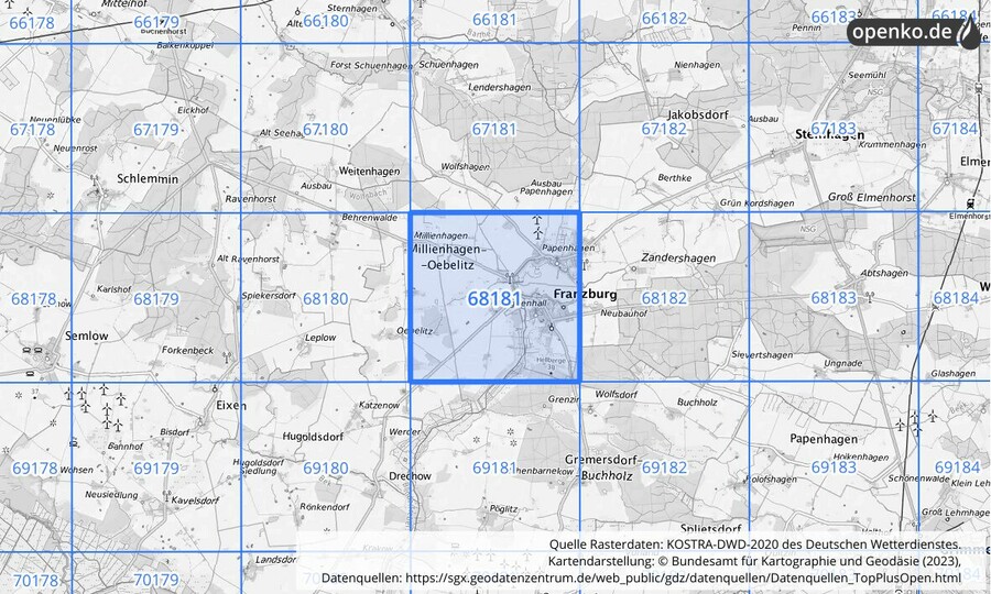Übersichtskarte des KOSTRA-DWD-2020-Rasterfeldes Nr. 68181