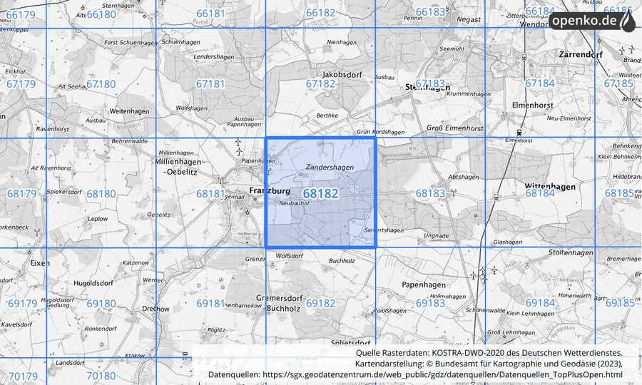 Übersichtskarte des KOSTRA-DWD-2020-Rasterfeldes Nr. 68182