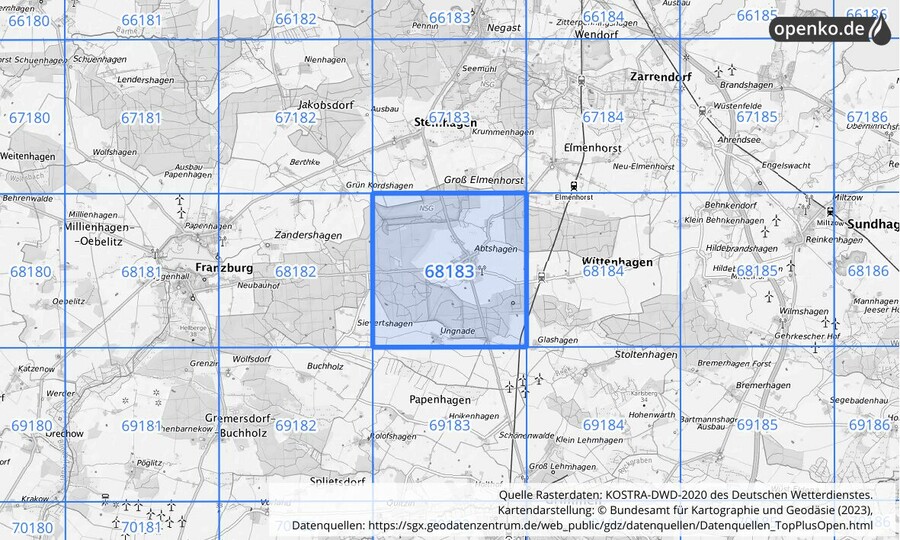 Übersichtskarte des KOSTRA-DWD-2020-Rasterfeldes Nr. 68183