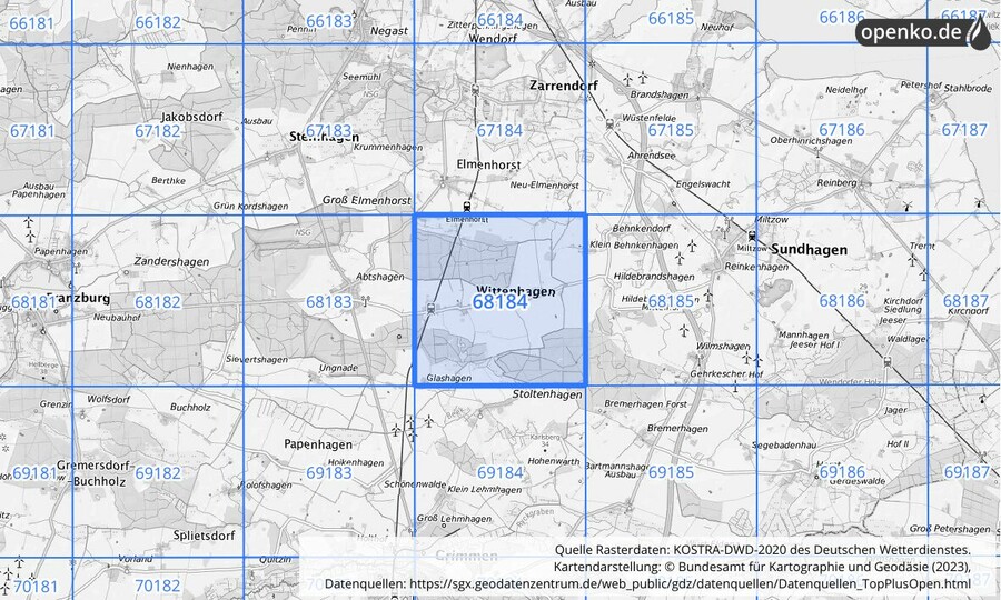 Übersichtskarte des KOSTRA-DWD-2020-Rasterfeldes Nr. 68184