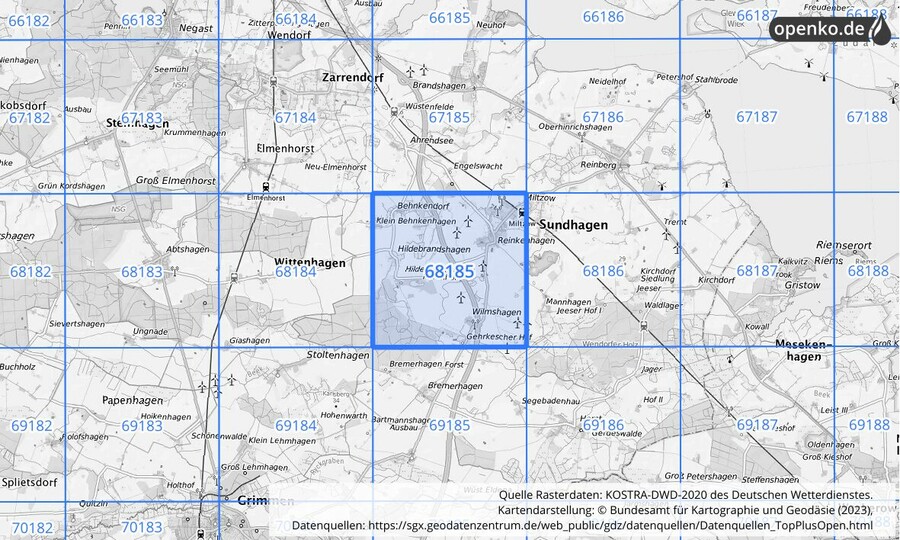 Übersichtskarte des KOSTRA-DWD-2020-Rasterfeldes Nr. 68185