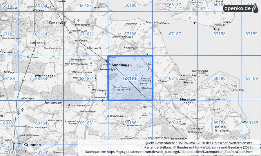 Übersichtskarte des KOSTRA-DWD-2020-Rasterfeldes Nr. 68186