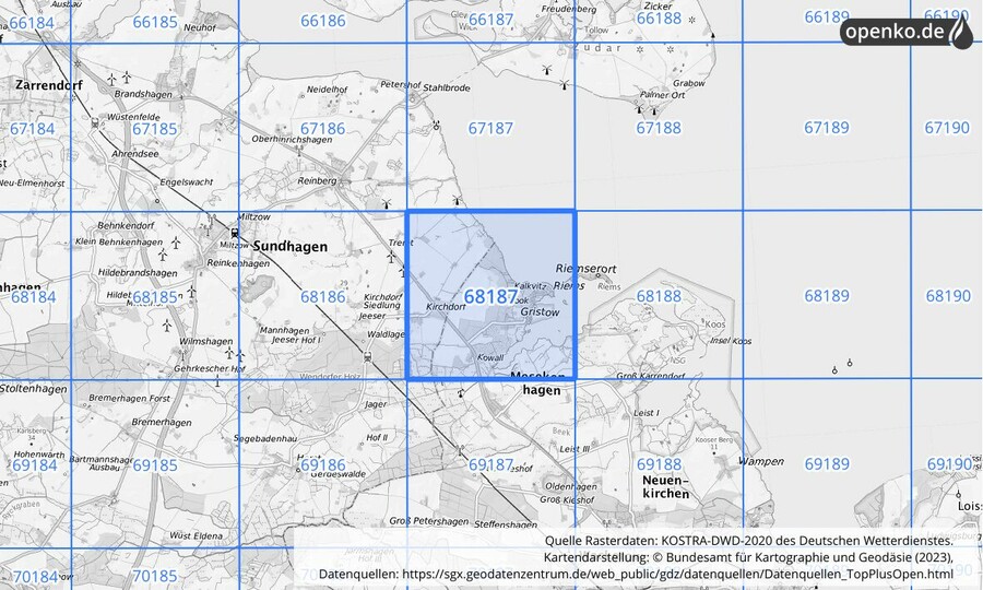 Übersichtskarte des KOSTRA-DWD-2020-Rasterfeldes Nr. 68187