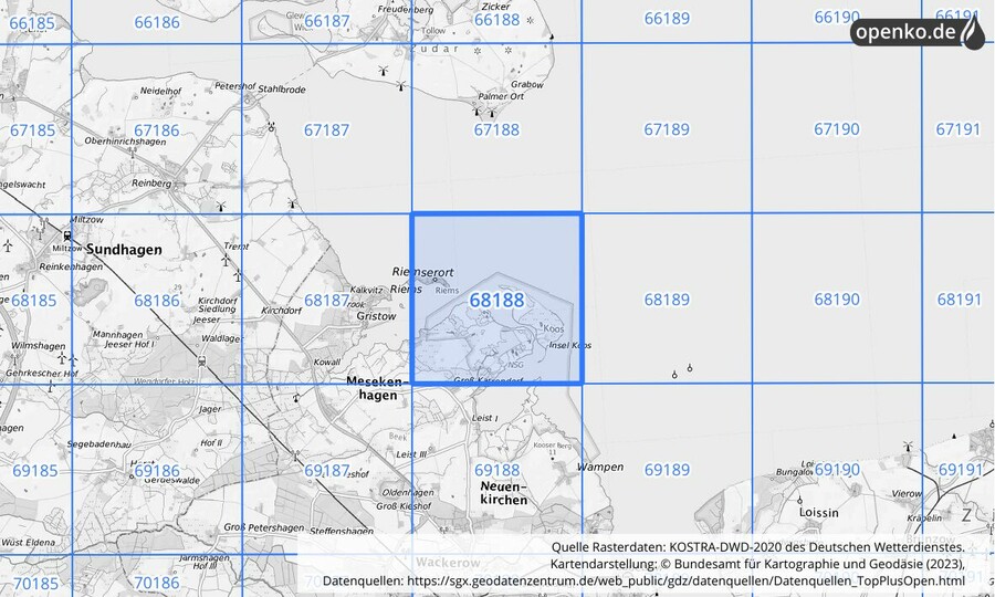 Übersichtskarte des KOSTRA-DWD-2020-Rasterfeldes Nr. 68188