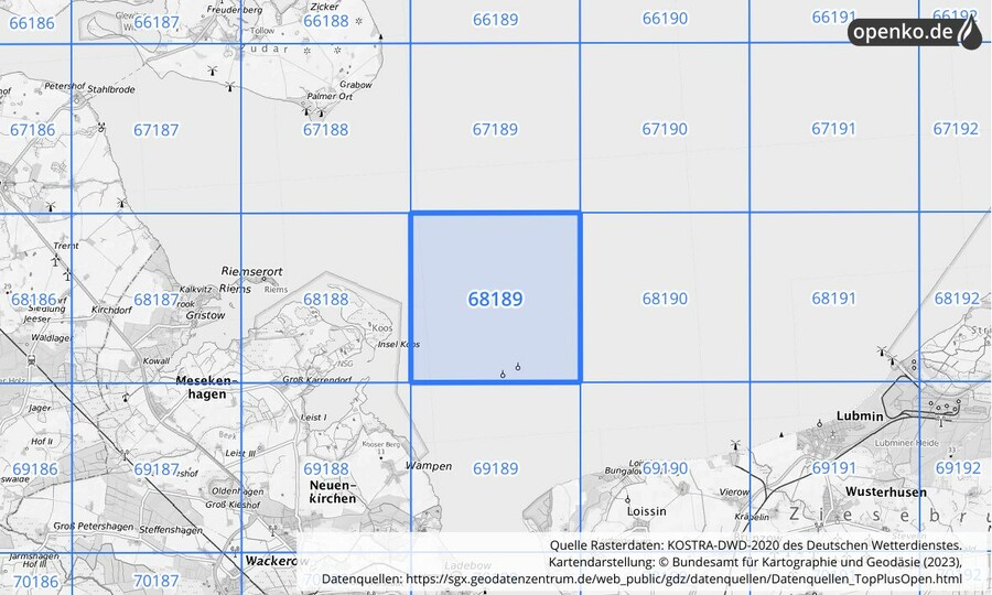 Übersichtskarte des KOSTRA-DWD-2020-Rasterfeldes Nr. 68189