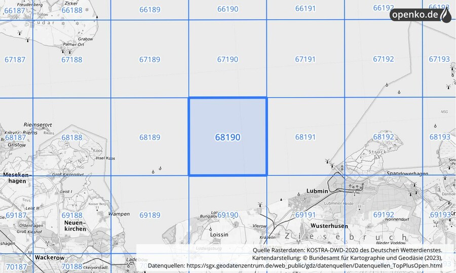 Übersichtskarte des KOSTRA-DWD-2020-Rasterfeldes Nr. 68190