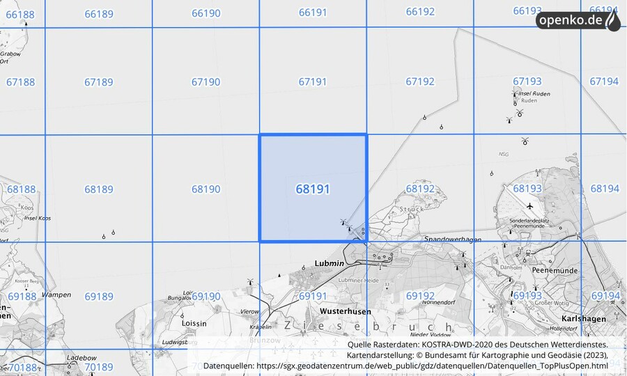 Übersichtskarte des KOSTRA-DWD-2020-Rasterfeldes Nr. 68191