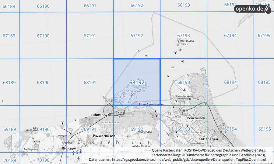 Übersichtskarte des KOSTRA-DWD-2020-Rasterfeldes Nr. 68192