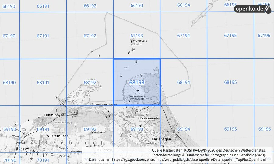 Übersichtskarte des KOSTRA-DWD-2020-Rasterfeldes Nr. 68193