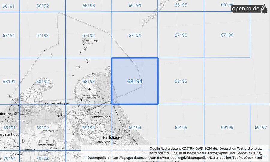 Übersichtskarte des KOSTRA-DWD-2020-Rasterfeldes Nr. 68194