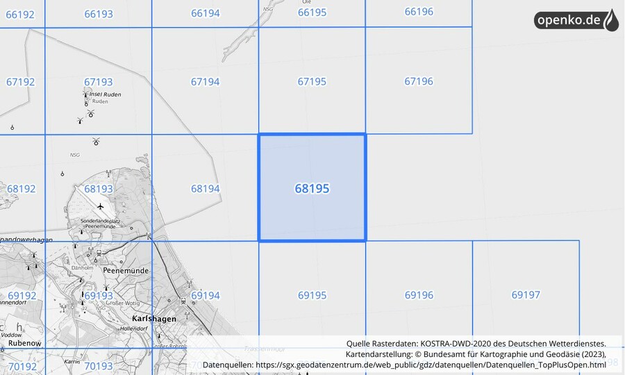 Übersichtskarte des KOSTRA-DWD-2020-Rasterfeldes Nr. 68195