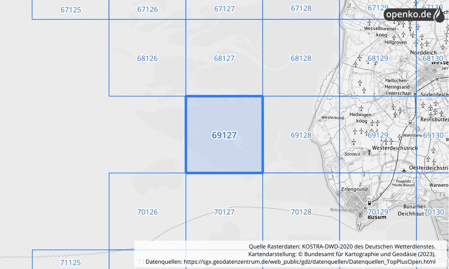 Übersichtskarte des KOSTRA-DWD-2020-Rasterfeldes Nr. 69127