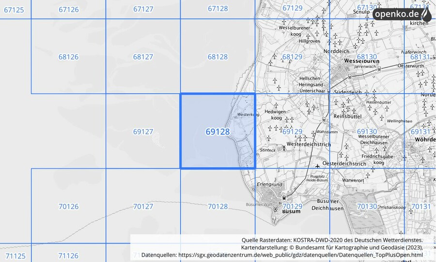 Übersichtskarte des KOSTRA-DWD-2020-Rasterfeldes Nr. 69128