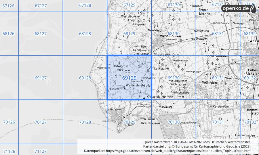 Übersichtskarte des KOSTRA-DWD-2020-Rasterfeldes Nr. 69129