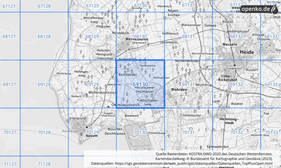 Übersichtskarte des KOSTRA-DWD-2020-Rasterfeldes Nr. 69130