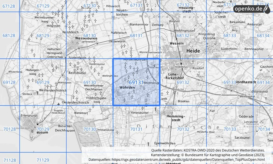 Übersichtskarte des KOSTRA-DWD-2020-Rasterfeldes Nr. 69131