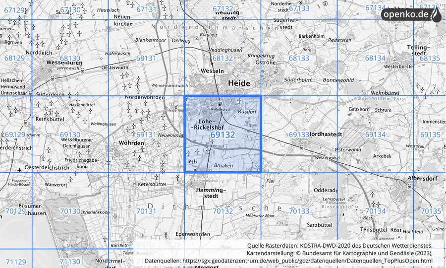 Übersichtskarte des KOSTRA-DWD-2020-Rasterfeldes Nr. 69132