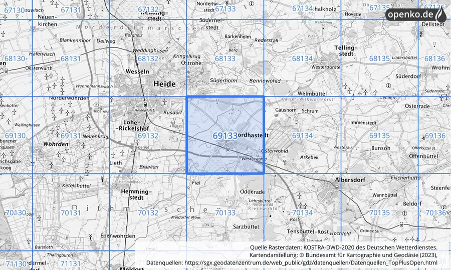 Übersichtskarte des KOSTRA-DWD-2020-Rasterfeldes Nr. 69133
