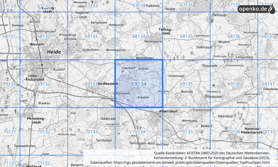 Übersichtskarte des KOSTRA-DWD-2020-Rasterfeldes Nr. 69134