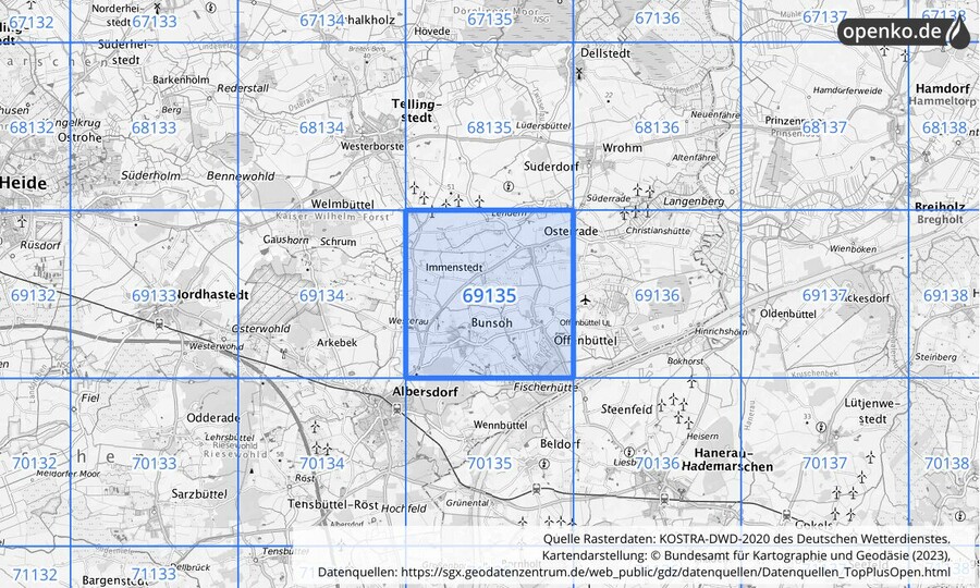 Übersichtskarte des KOSTRA-DWD-2020-Rasterfeldes Nr. 69135