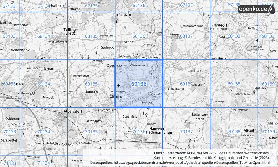 Übersichtskarte des KOSTRA-DWD-2020-Rasterfeldes Nr. 69136