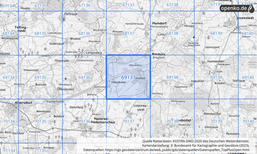 Übersichtskarte des KOSTRA-DWD-2020-Rasterfeldes Nr. 69137