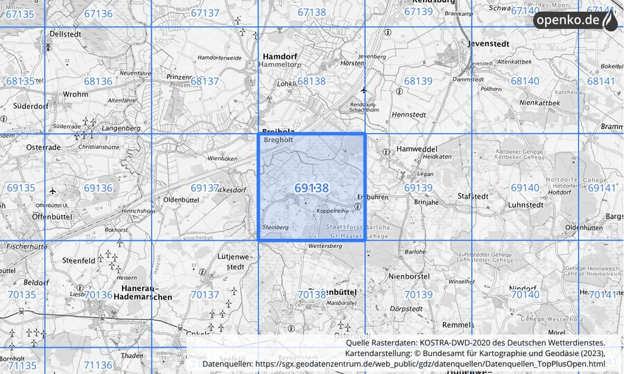 Übersichtskarte des KOSTRA-DWD-2020-Rasterfeldes Nr. 69138