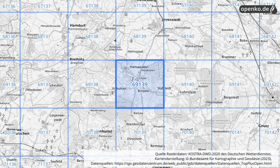 Übersichtskarte des KOSTRA-DWD-2020-Rasterfeldes Nr. 69139