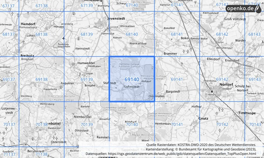 Übersichtskarte des KOSTRA-DWD-2020-Rasterfeldes Nr. 69140
