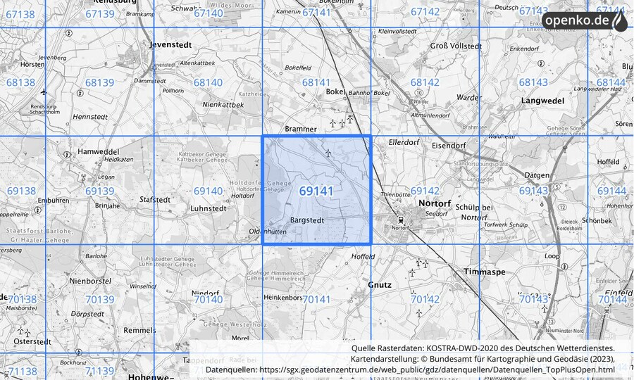 Übersichtskarte des KOSTRA-DWD-2020-Rasterfeldes Nr. 69141