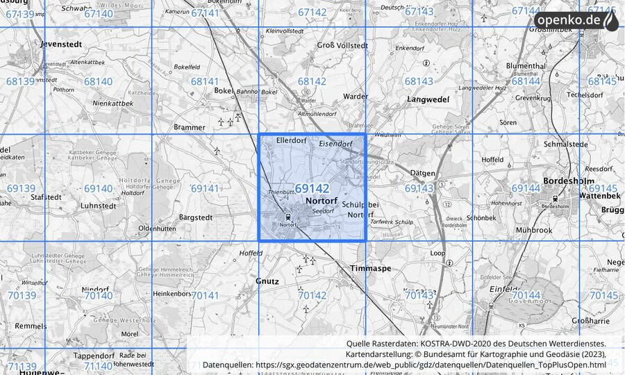 Übersichtskarte des KOSTRA-DWD-2020-Rasterfeldes Nr. 69142