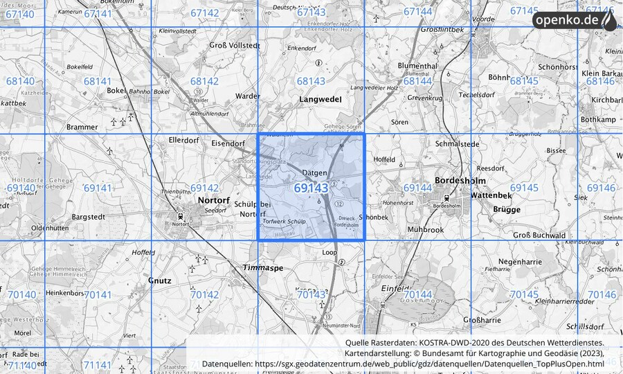 Übersichtskarte des KOSTRA-DWD-2020-Rasterfeldes Nr. 69143