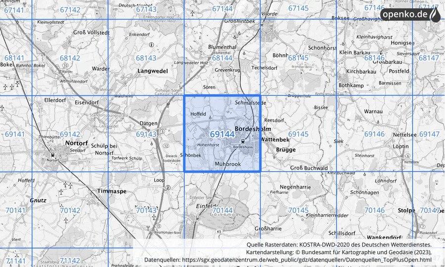 Übersichtskarte des KOSTRA-DWD-2020-Rasterfeldes Nr. 69144