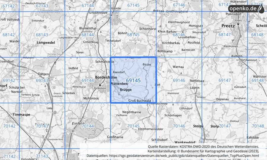 Übersichtskarte des KOSTRA-DWD-2020-Rasterfeldes Nr. 69145