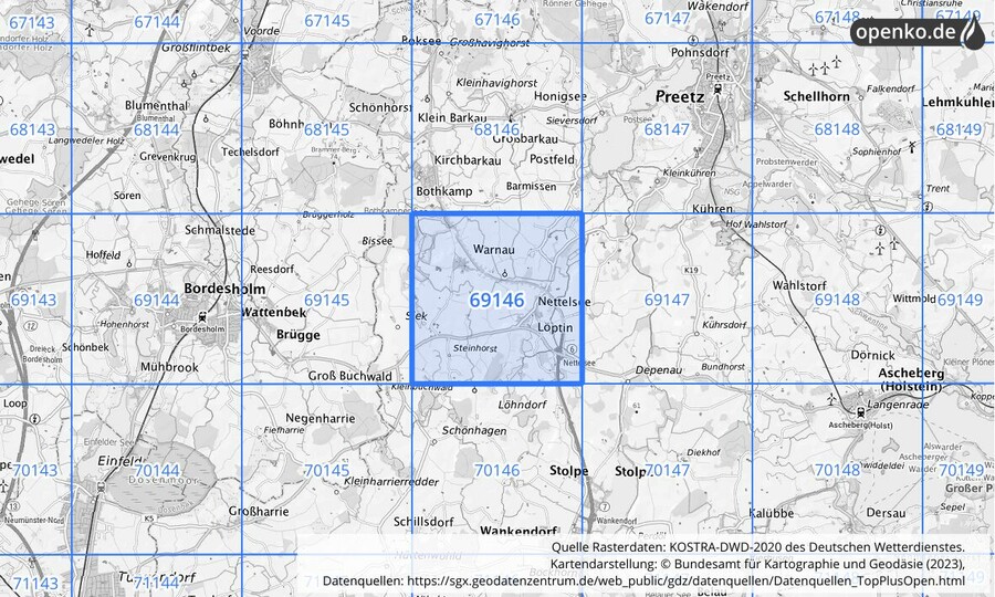 Übersichtskarte des KOSTRA-DWD-2020-Rasterfeldes Nr. 69146
