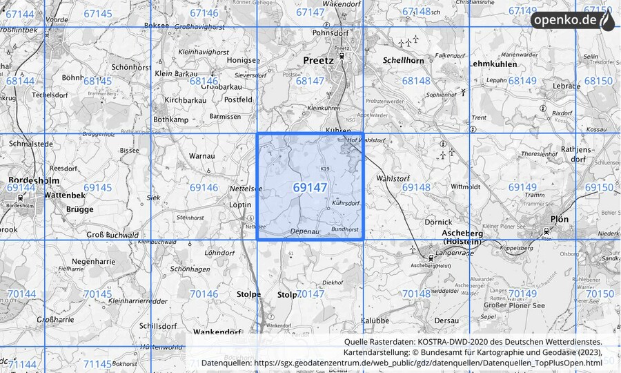 Übersichtskarte des KOSTRA-DWD-2020-Rasterfeldes Nr. 69147