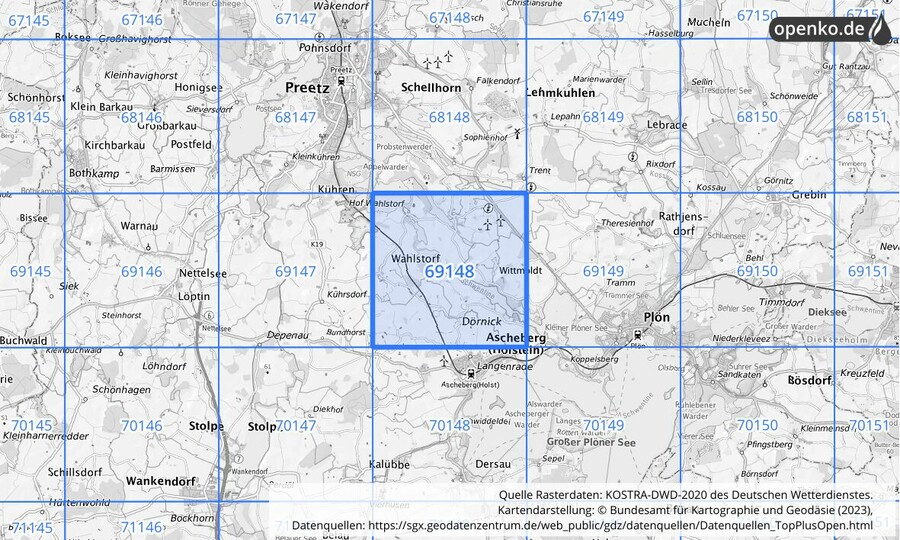 Übersichtskarte des KOSTRA-DWD-2020-Rasterfeldes Nr. 69148