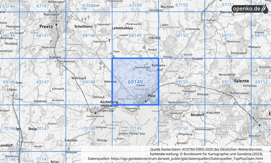 Übersichtskarte des KOSTRA-DWD-2020-Rasterfeldes Nr. 69149