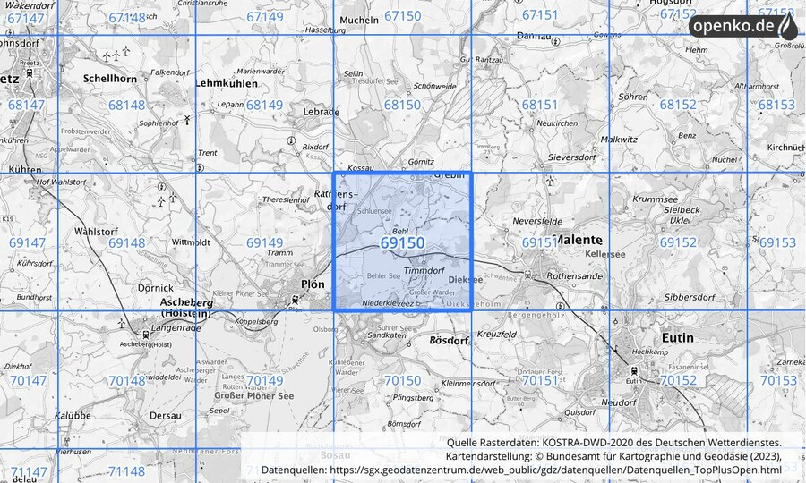 Übersichtskarte des KOSTRA-DWD-2020-Rasterfeldes Nr. 69150