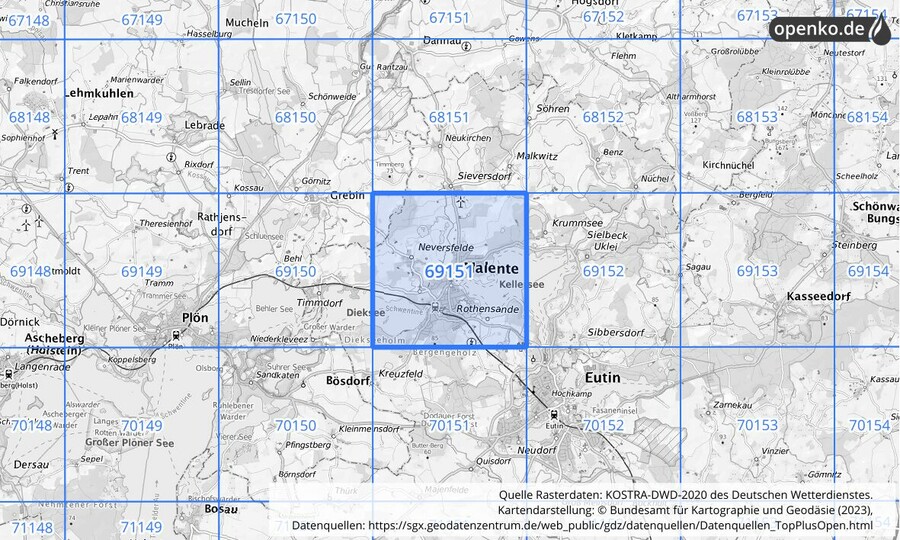 Übersichtskarte des KOSTRA-DWD-2020-Rasterfeldes Nr. 69151