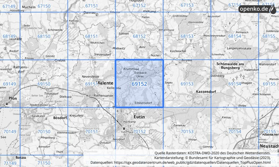 Übersichtskarte des KOSTRA-DWD-2020-Rasterfeldes Nr. 69152