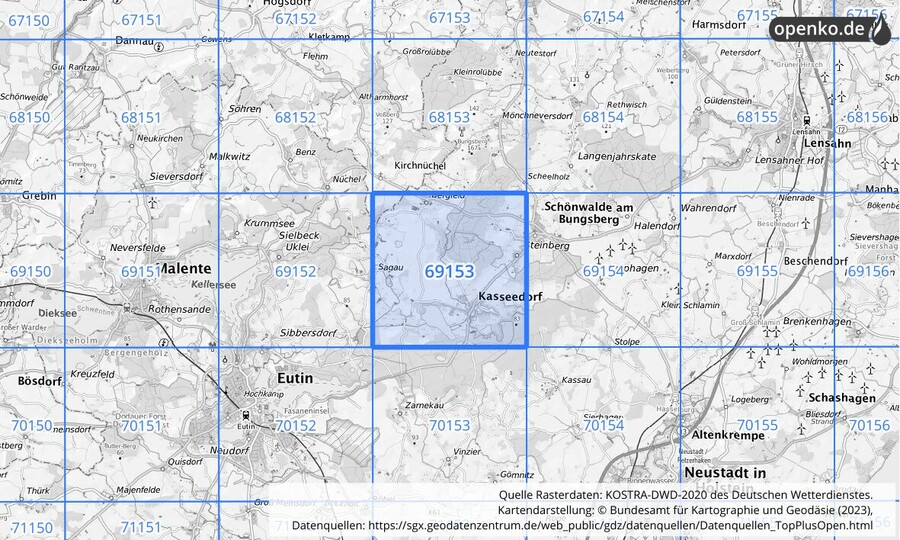 Übersichtskarte des KOSTRA-DWD-2020-Rasterfeldes Nr. 69153