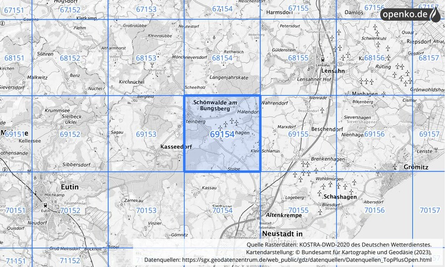 Übersichtskarte des KOSTRA-DWD-2020-Rasterfeldes Nr. 69154