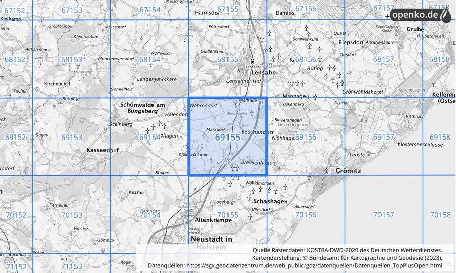 Übersichtskarte des KOSTRA-DWD-2020-Rasterfeldes Nr. 69155