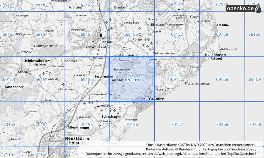 Übersichtskarte des KOSTRA-DWD-2020-Rasterfeldes Nr. 69156