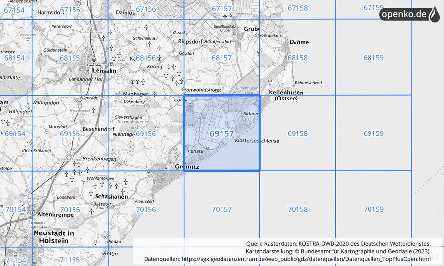Übersichtskarte des KOSTRA-DWD-2020-Rasterfeldes Nr. 69157